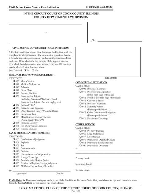 Form CCL0520 Civil Action Cover Sheet - Case Initiation - Cook County, Illinois