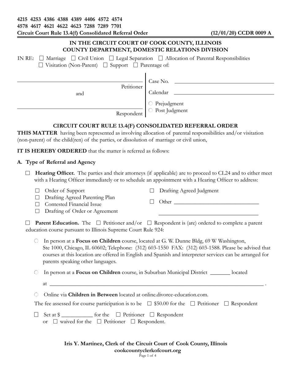 Form CCDR0009 Circuit Court Rule 13.4(F) Consolidated Referral Order - Cook County, Illinois, Page 1