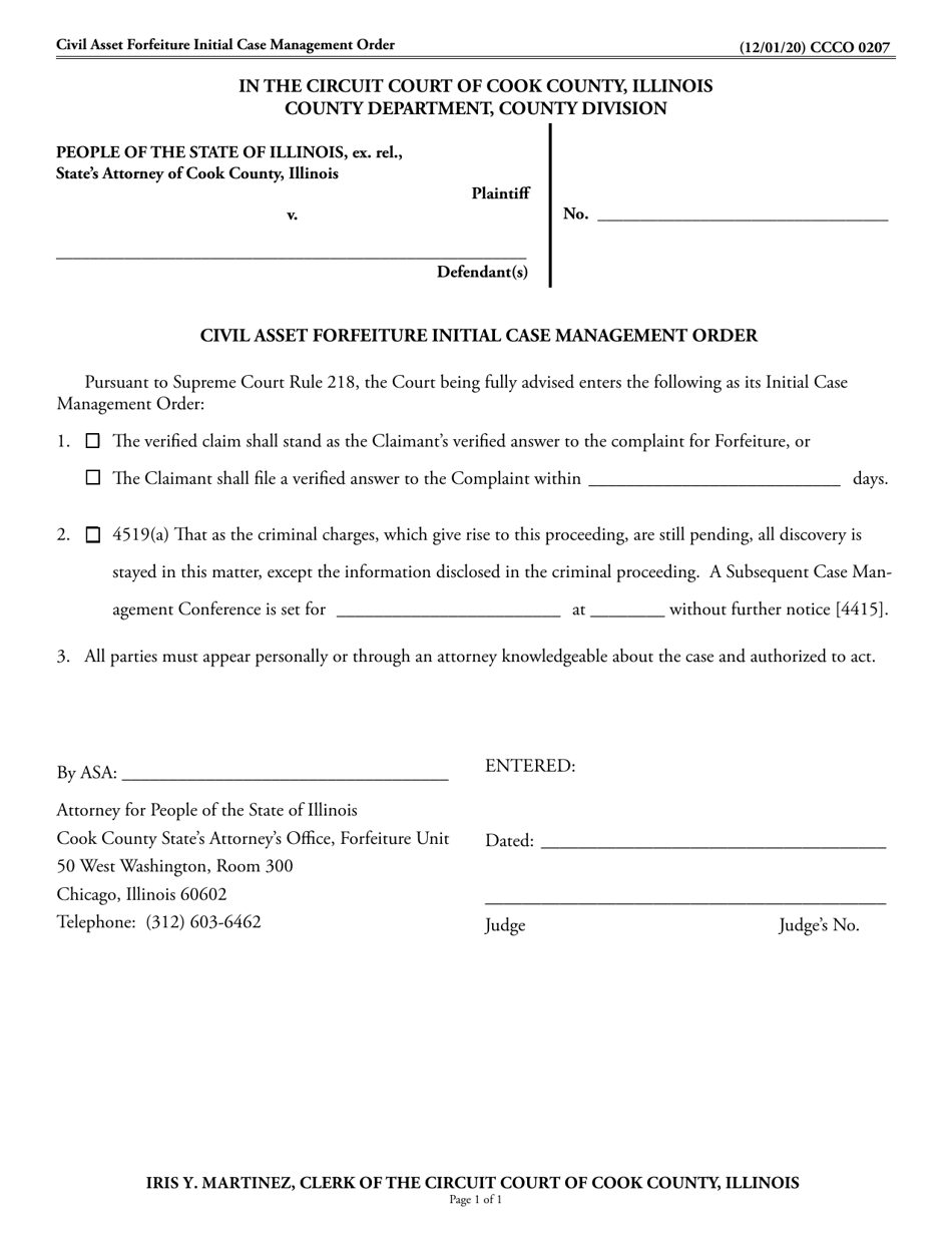 Form CCCO0207 Civil Asset Forfeiture Initial Case Management Order - Cook County, Illinois, Page 1