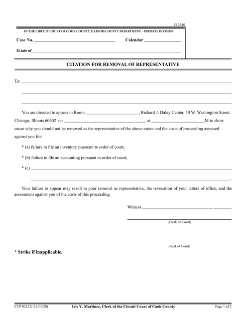 Form CCP0212 Citation for Removal of Representative - Cook County, Illinois
