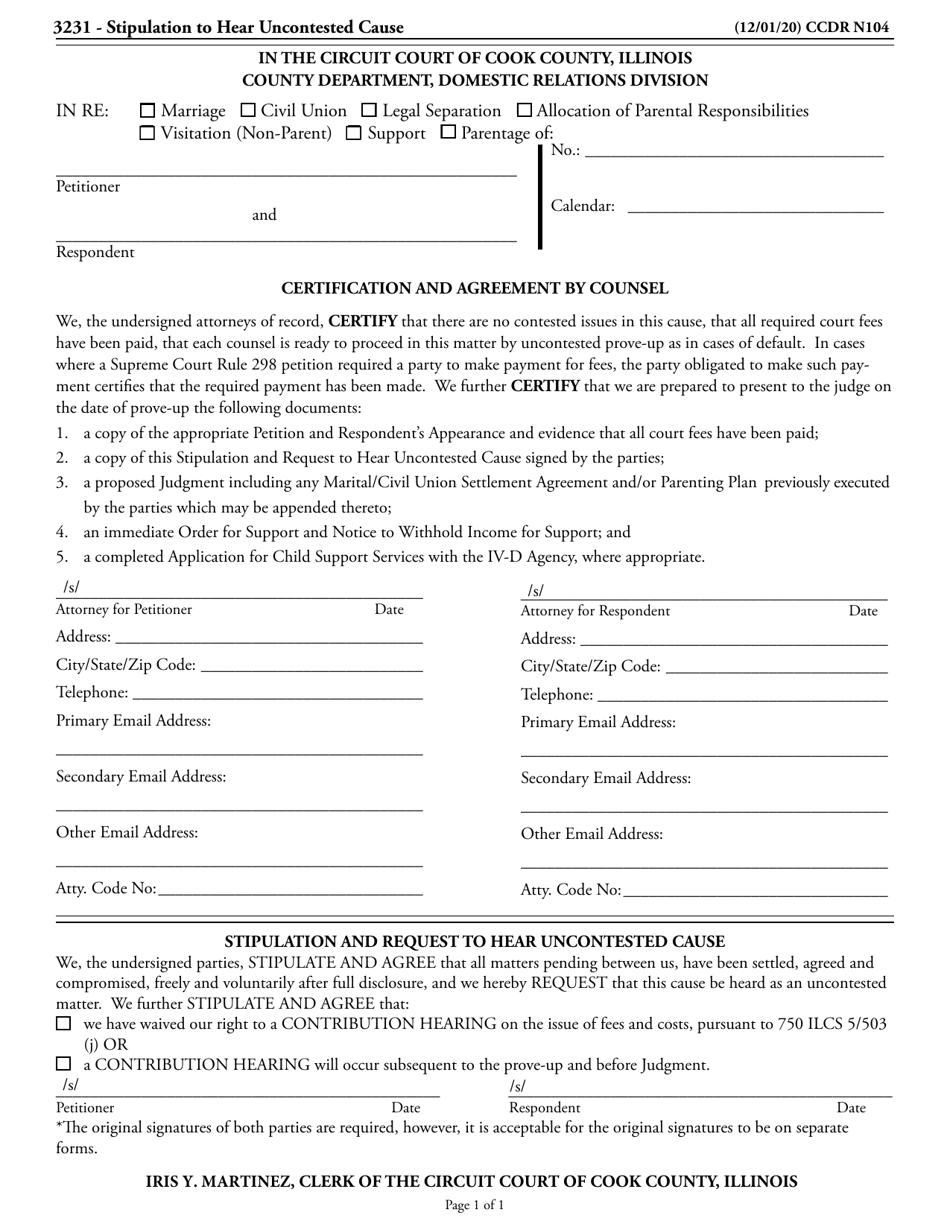 Form CCDR N104 Certification and Agreement by Counsel - Cook County, Illinois, Page 1