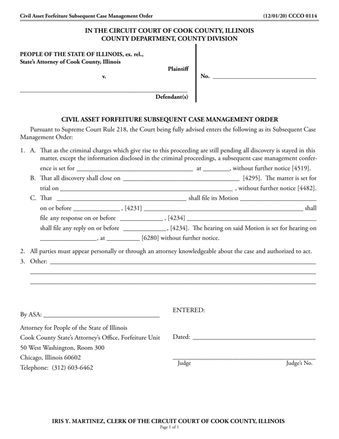 Form CCCO0114 Civil Asset Forfeiture Subsequent Case Management Order - Cook County, Illinois