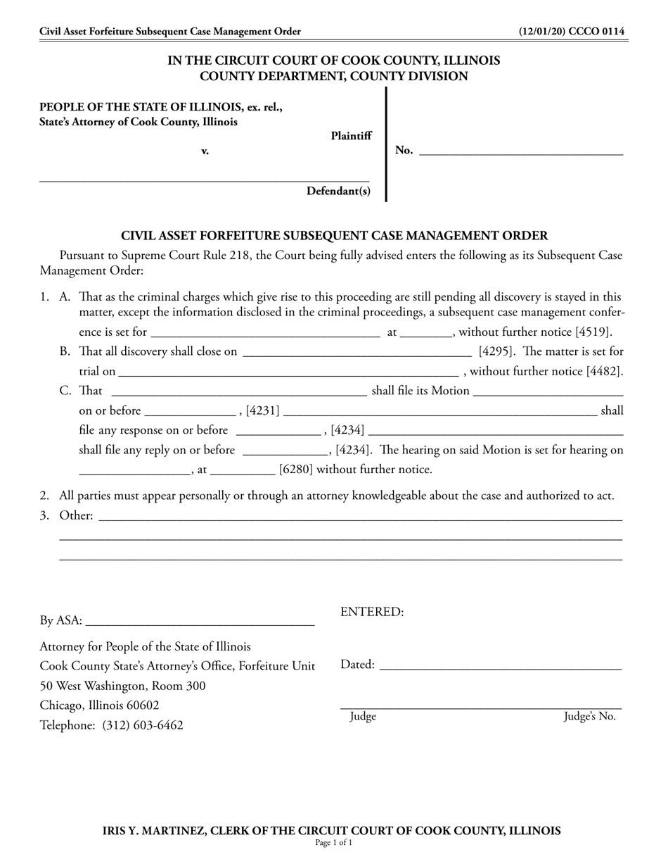 Form CCCO0114 Civil Asset Forfeiture Subsequent Case Management Order - Cook County, Illinois, Page 1