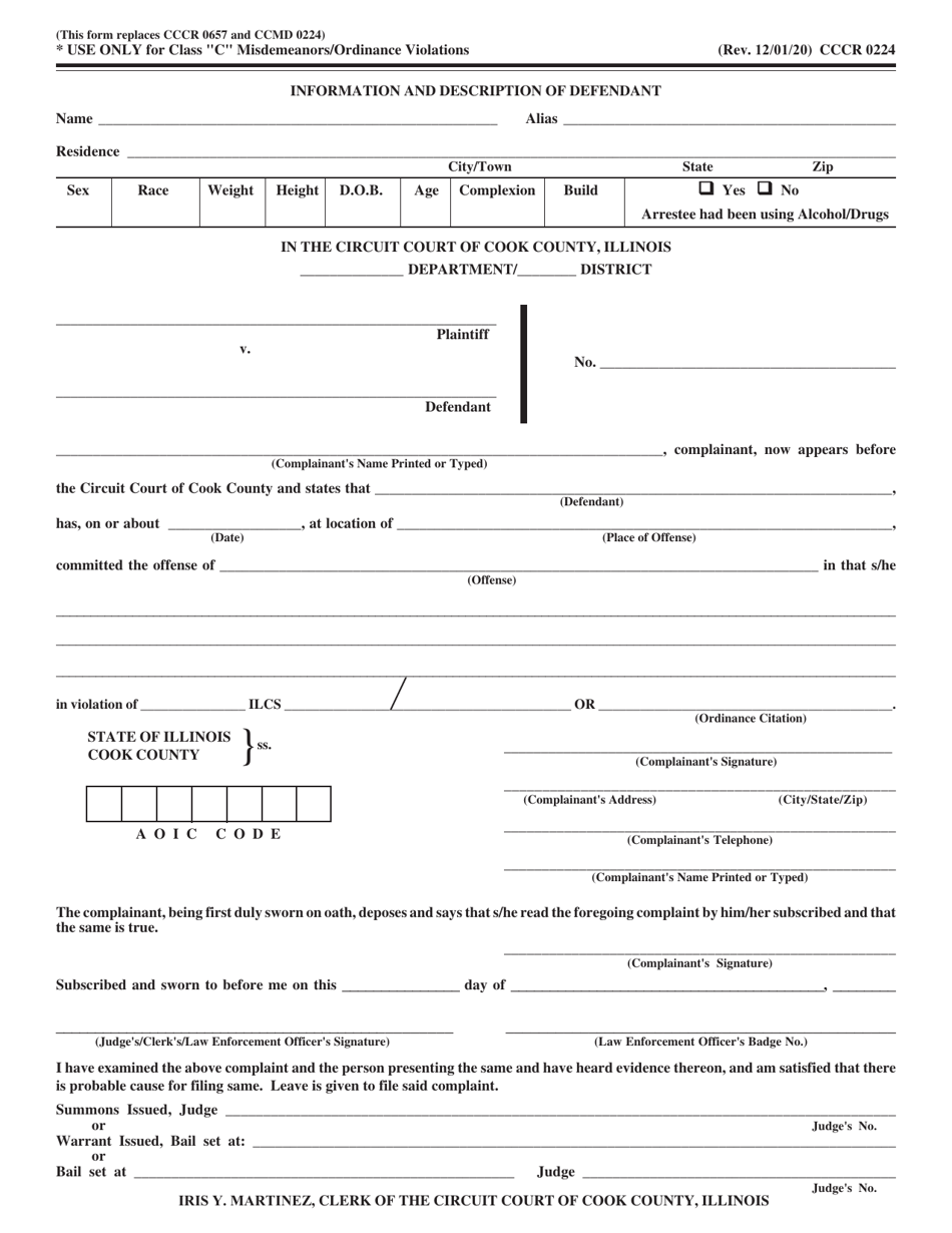 Form CCCR0224 Information and Description of Defendant - Cook County, Illinois, Page 1