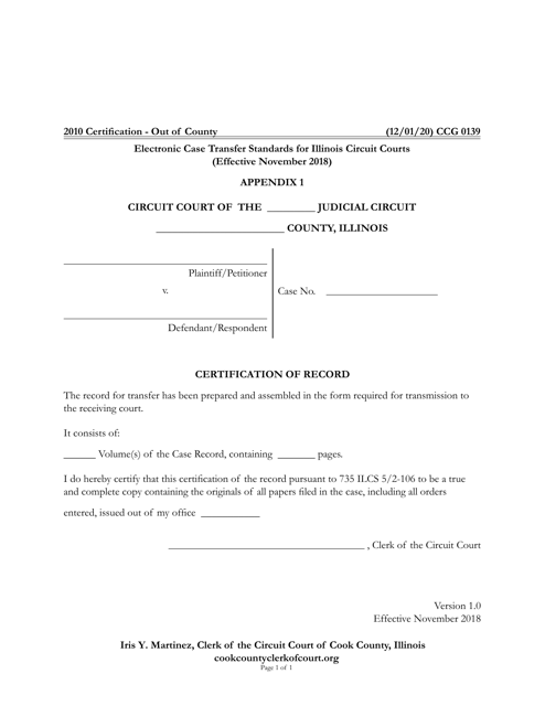 Form CCG0139 Appendix 1 Certification of Record - Cook County, Illinois