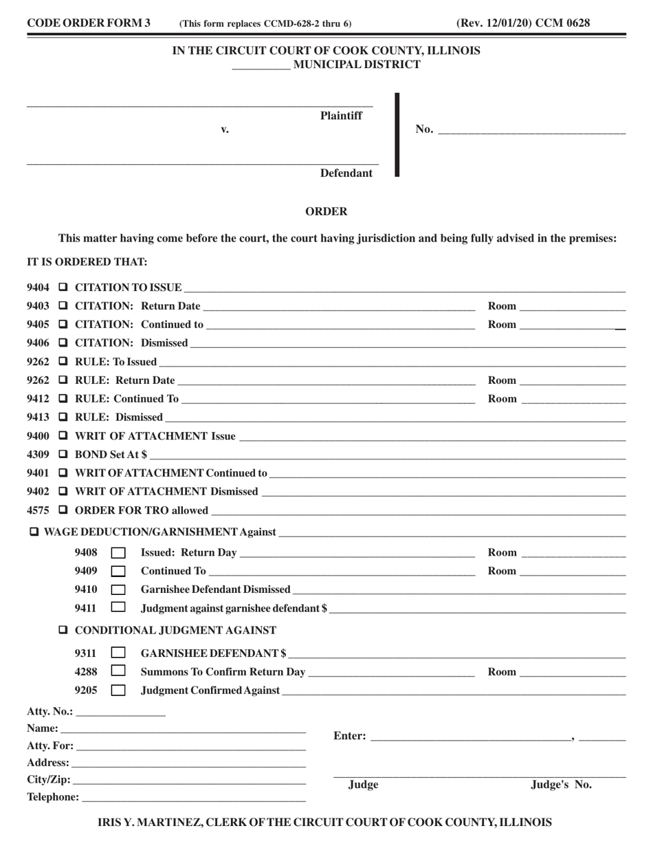 CODE ORDER Form 3 (CCM0628) Order - Cook County, Illinois, Page 1