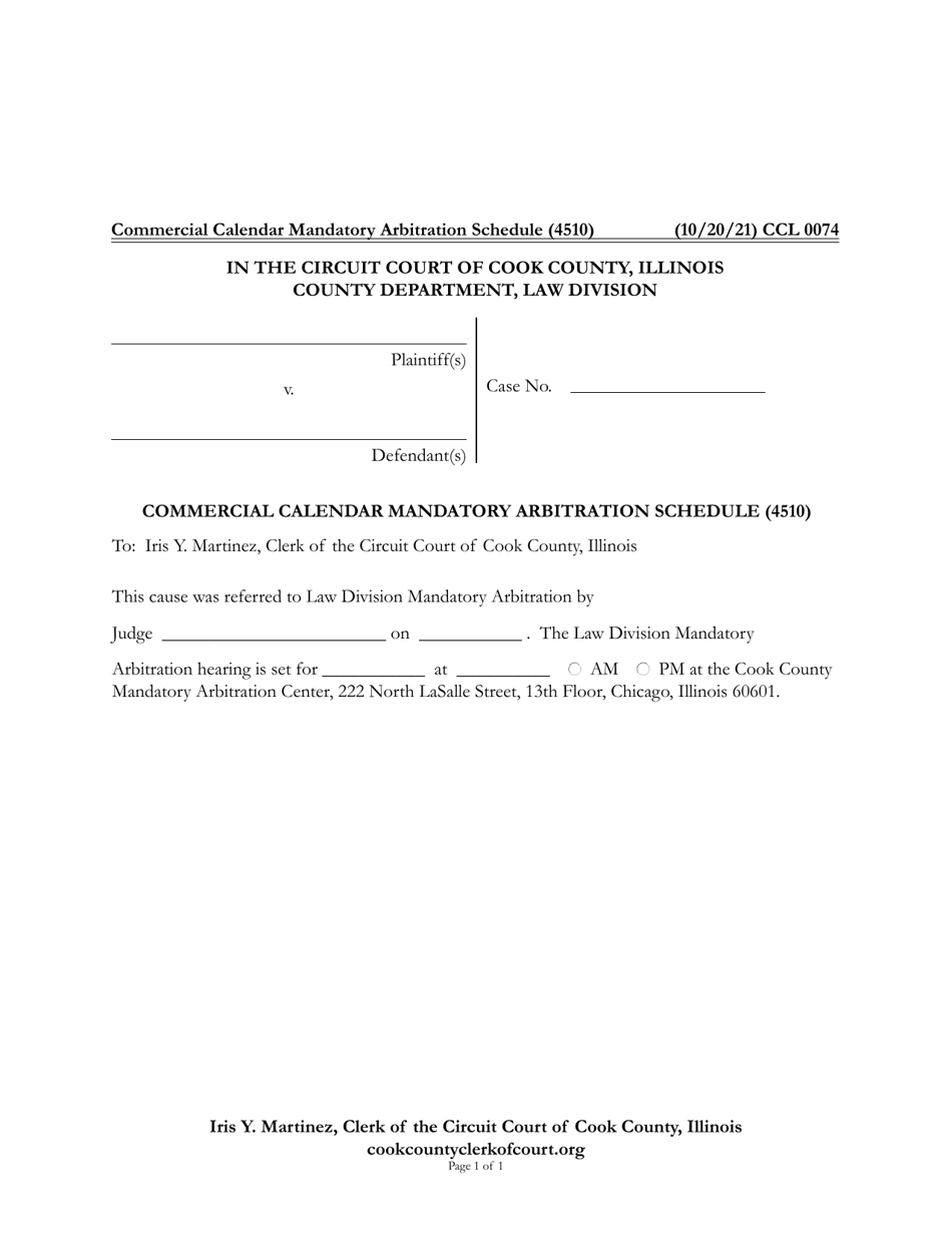 Form CCL0074 Commercial Calendar Mandatory Arbitration Schedule (4510) - Cook County, Illinois, Page 1