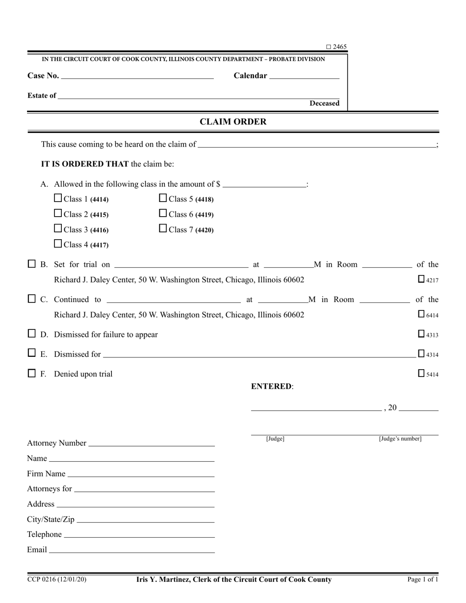 Form CCP0216 Claim Order - Cook County, Illinois, Page 1