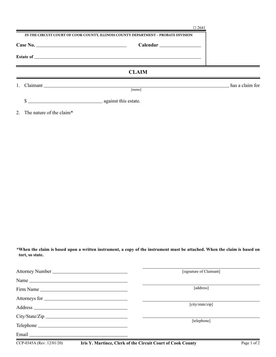 Form CCP0345 Claim - Cook County, Illinois, Page 1