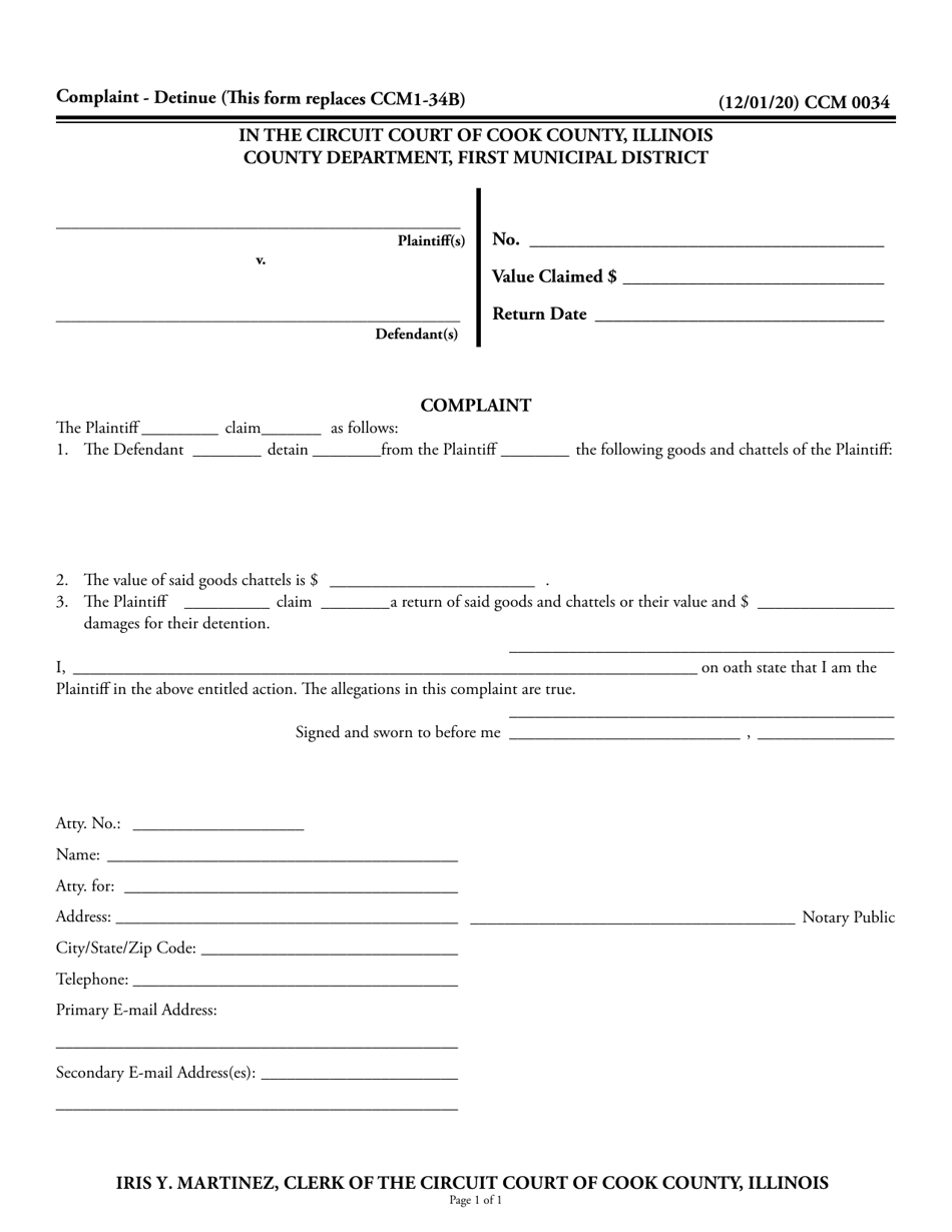 Form CCM0034 Complaint - Cook County, Illinois, Page 1