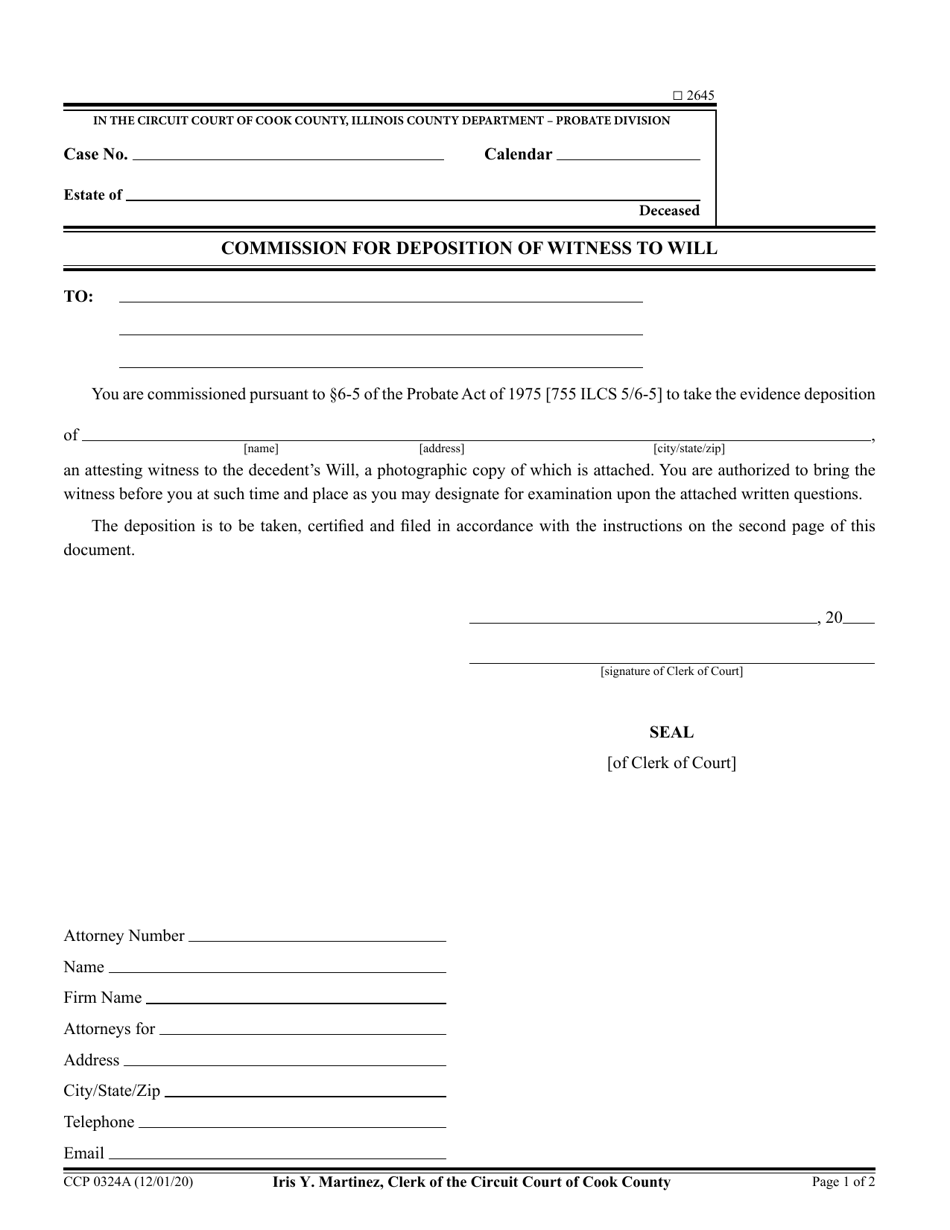 Form CCP0324 Commission for Deposition of Witness to Will - Cook County, Illinois, Page 1