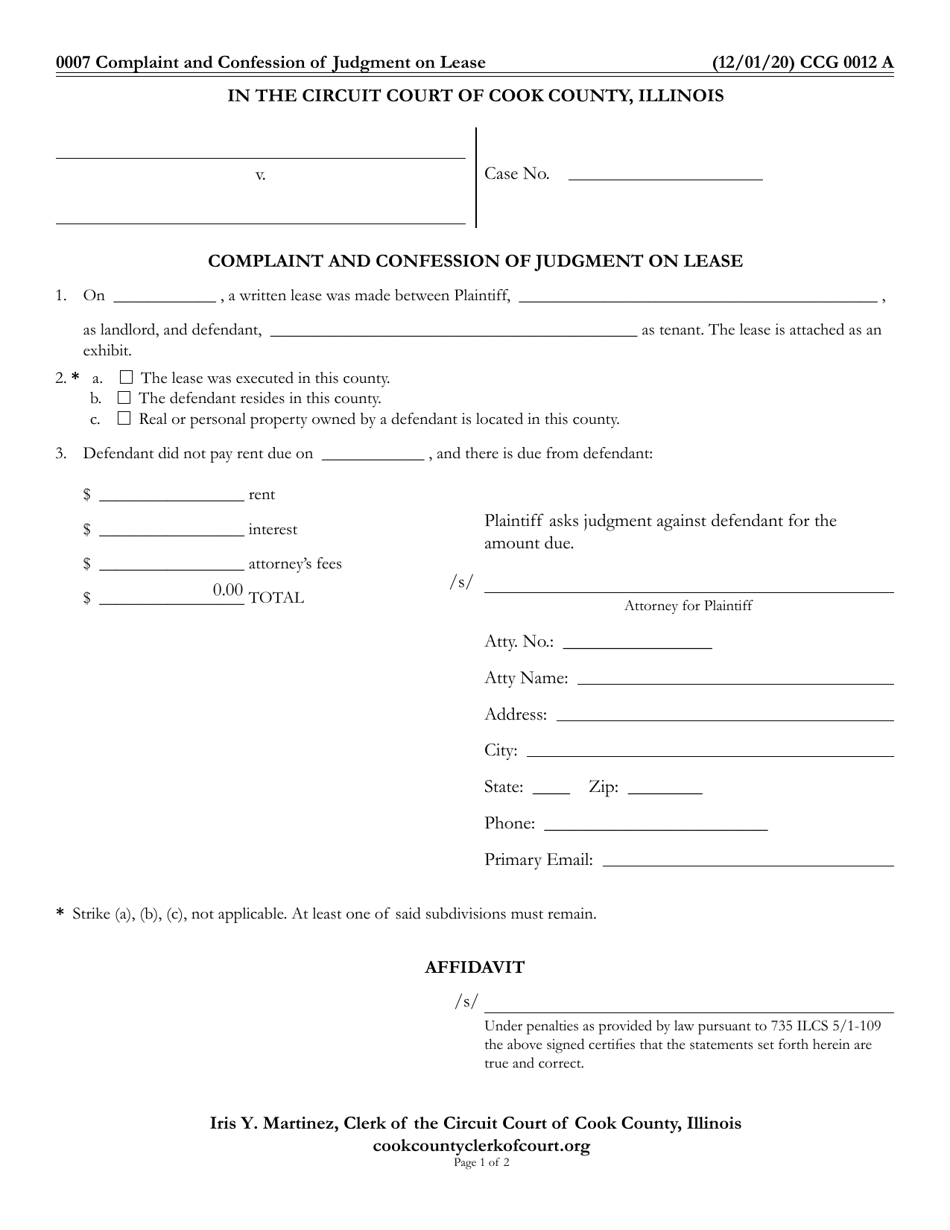Form CCG0012 Complaint and Confession of Judgment on Lease - Cook County, Illinois, Page 1