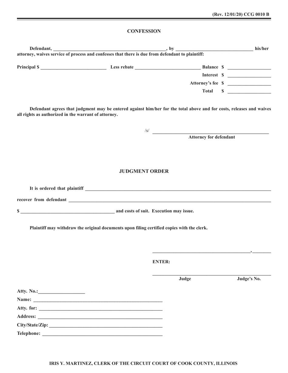 Form CCG0010 Complaint and Confession of Judgment - Other Than Lease - Cook County, Illinois, Page 2