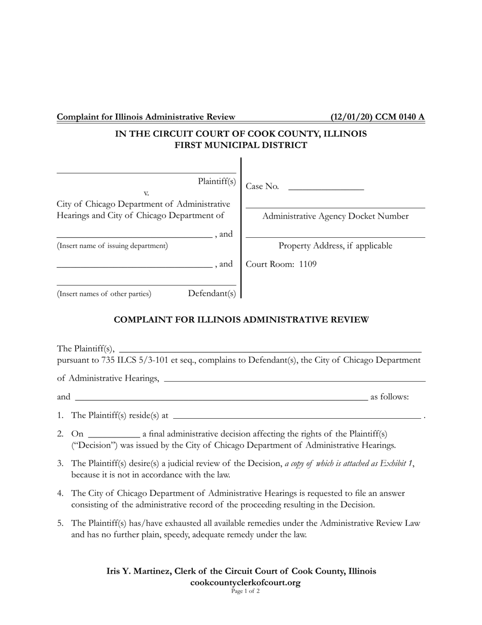 Form CCM0140 Complaint for Illinois Administrative Review - Cook County, Illinois, Page 1
