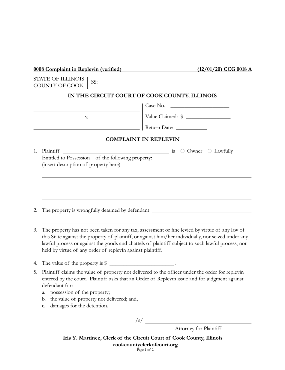 Form CCG0018 Complaint in Replevin - Cook County, Illinois, Page 1