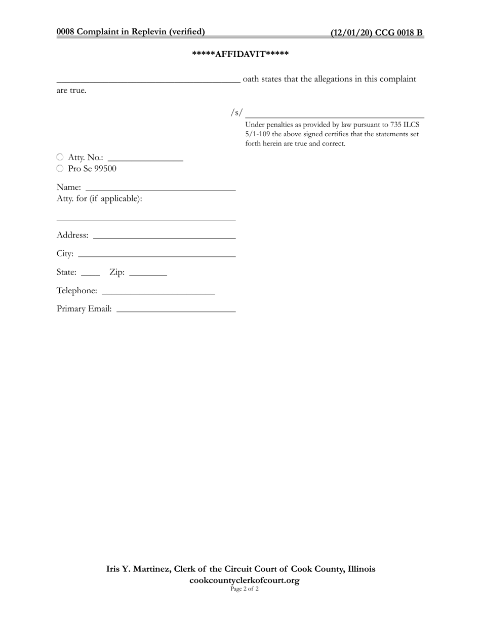 Form CCG0018 Complaint in Replevin - Cook County, Illinois, Page 2