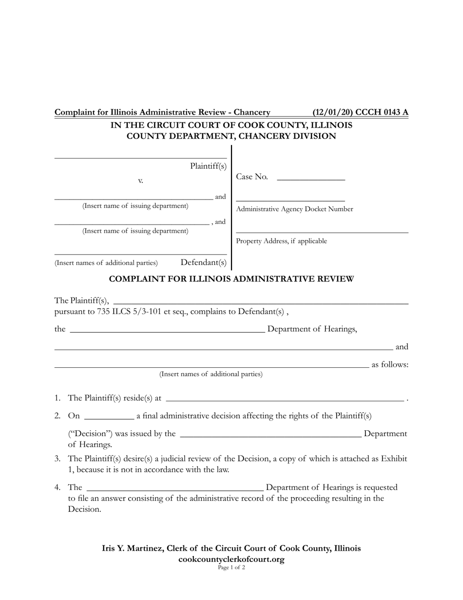 Form CCCH0143 Complaint for Illinois Administrative Review - Cook County, Illinois, Page 1