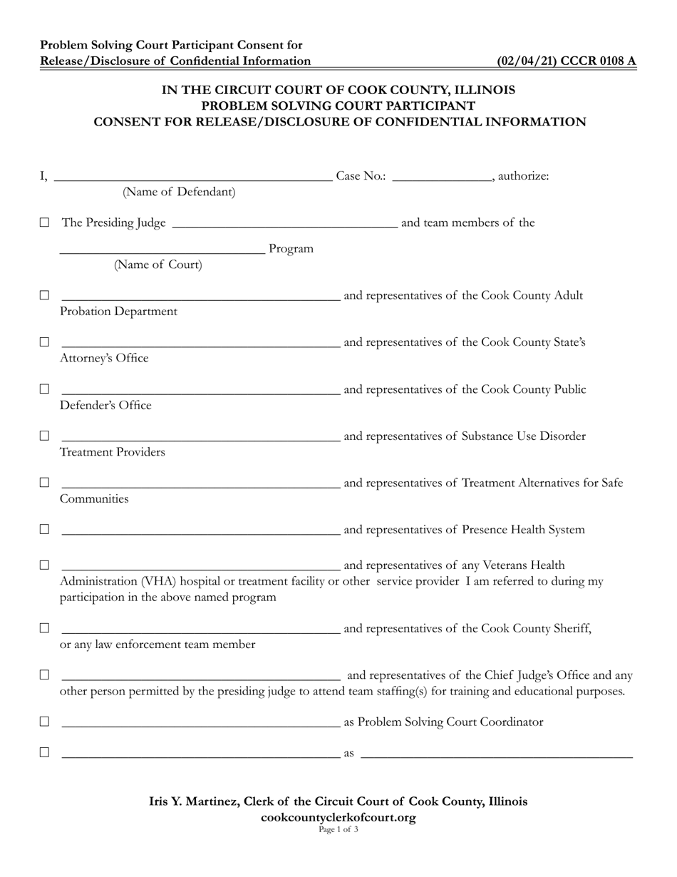 Form CCCR0108 Problem Solving Court Participant Consent for Release / Disclosure of Confidential Information - Cook County, Illinois, Page 1