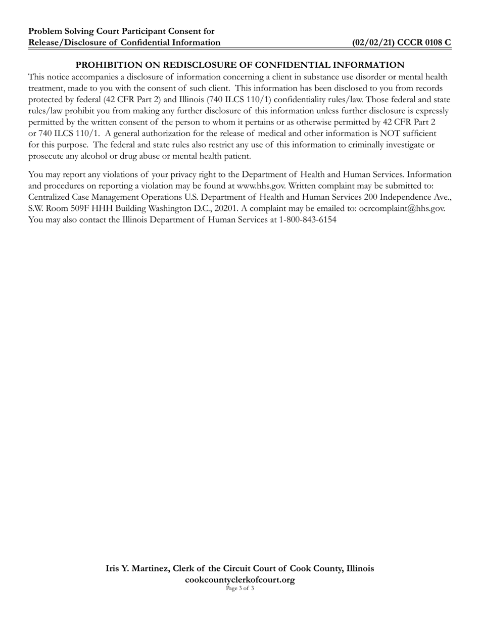Form CCCR0108 Problem Solving Court Participant Consent for Release / Disclosure of Confidential Information - Cook County, Illinois, Page 3