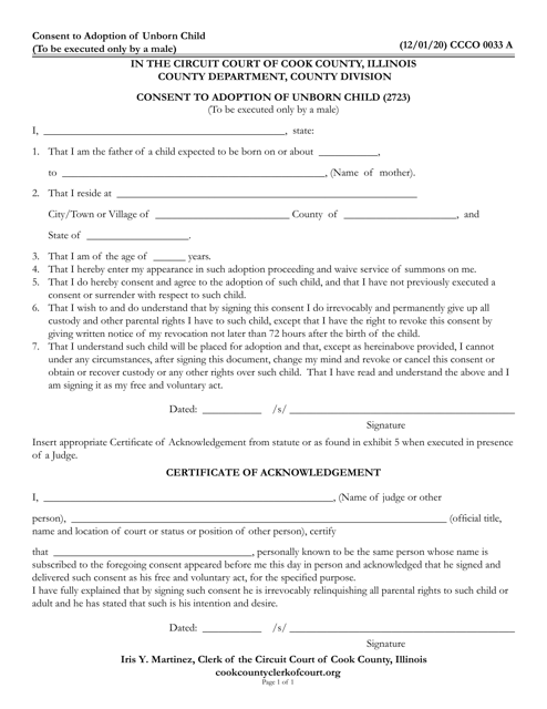 Form CCCO0033 Consent to Adoption of Unborn Child - Cook County, Illinois