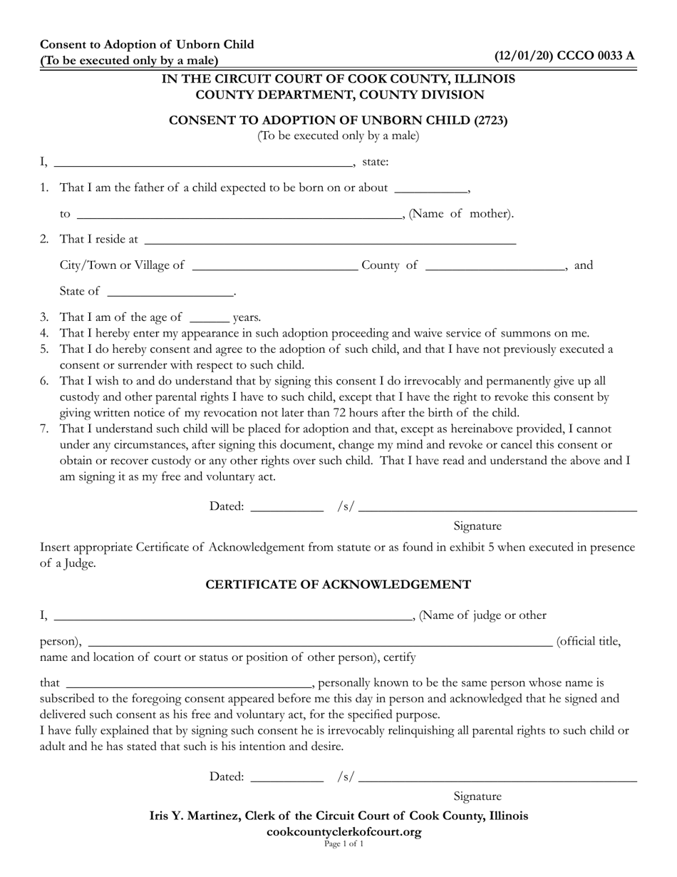 Form CCCO0033 Consent to Adoption of Unborn Child - Cook County, Illinois, Page 1