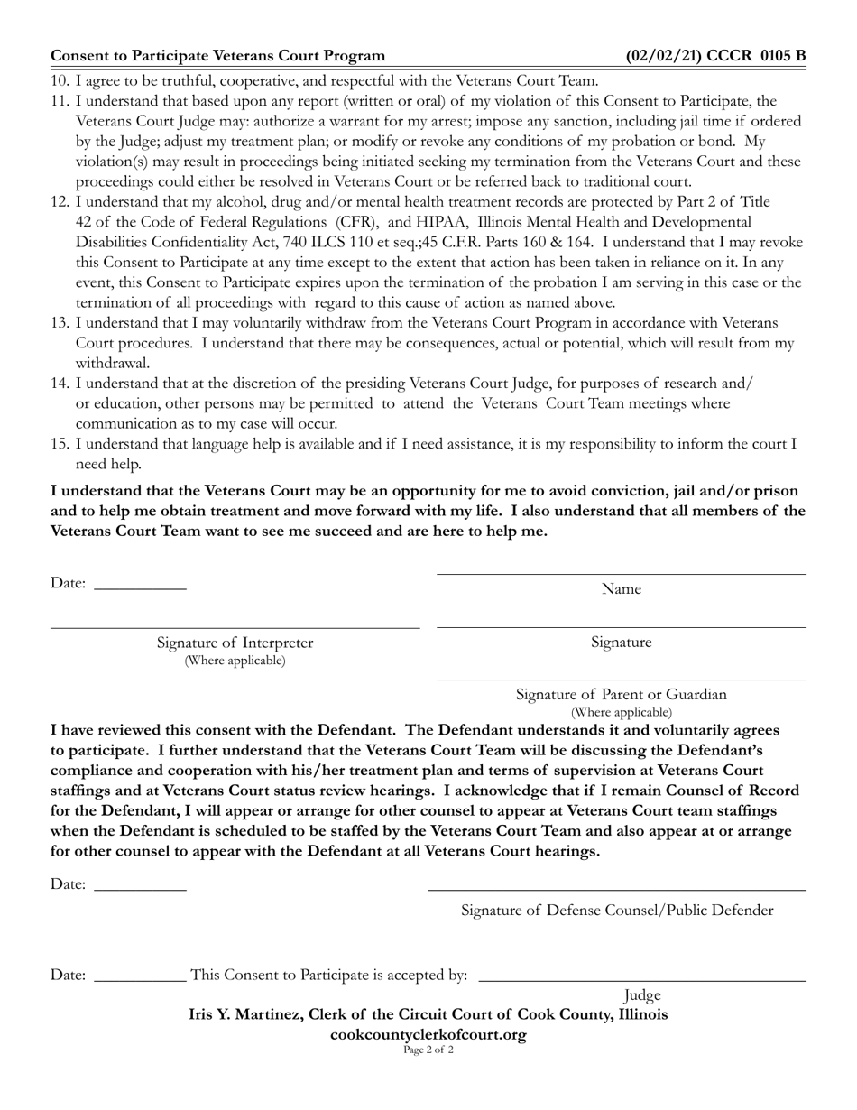 Form CCCR0105 Consent to Participate Veterans Court Program - Cook County, Illinois, Page 2