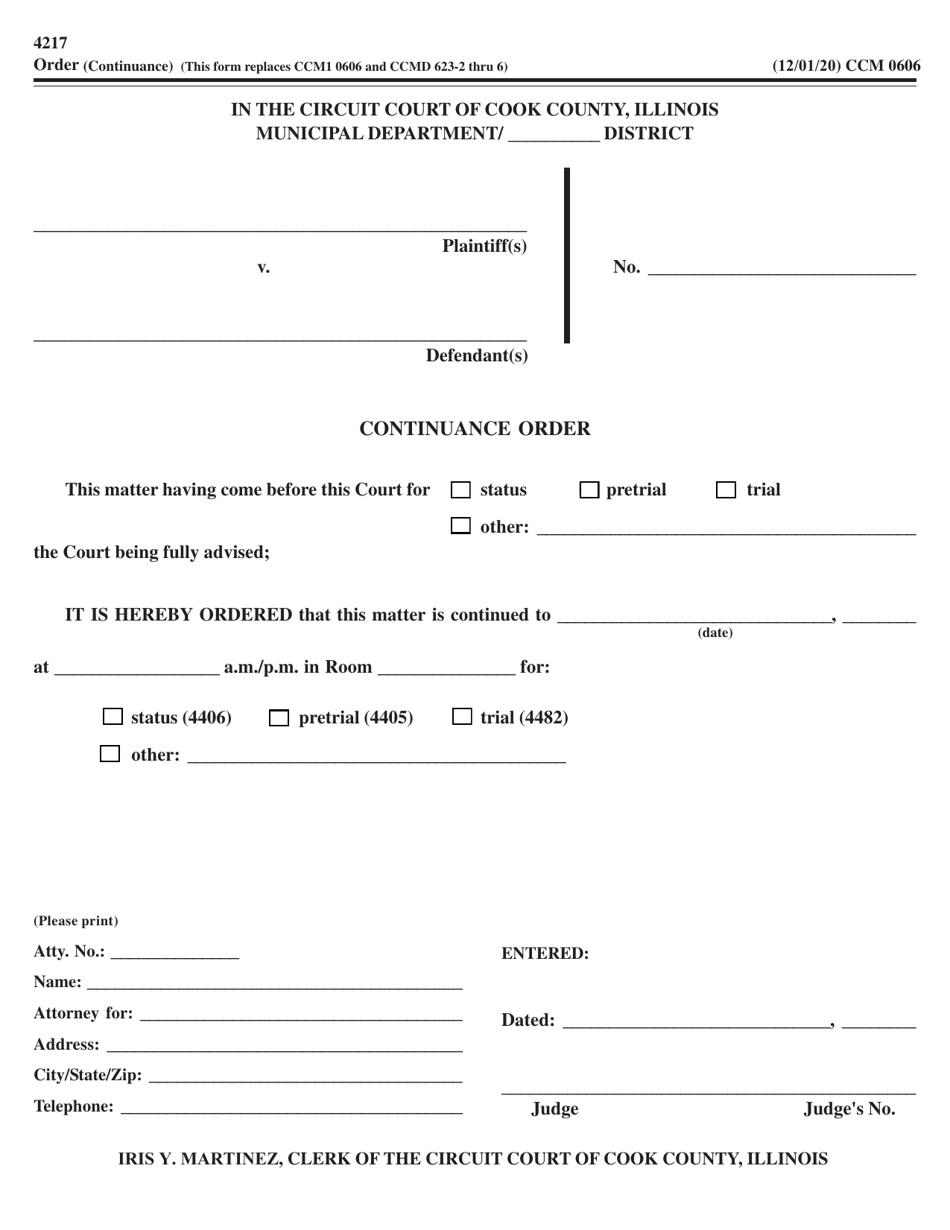 Form CCM0606 Continuance Order - Cook County, Illinois, Page 1