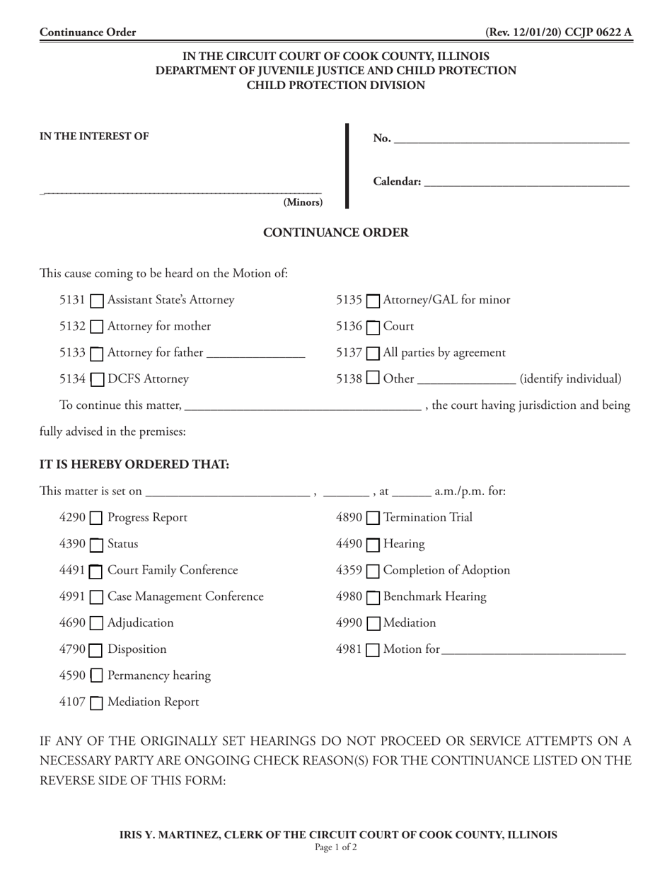 Form CCJP0622 Continuance Order - Cook County, Illinois, Page 1