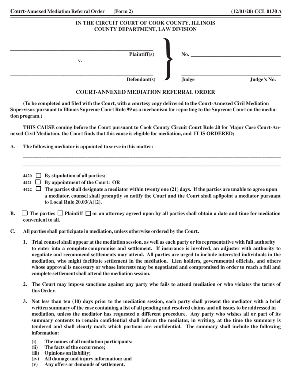 Form CCL0130 Court-Annexed Mediation Referral Order - Cook County, Illinois, Page 1