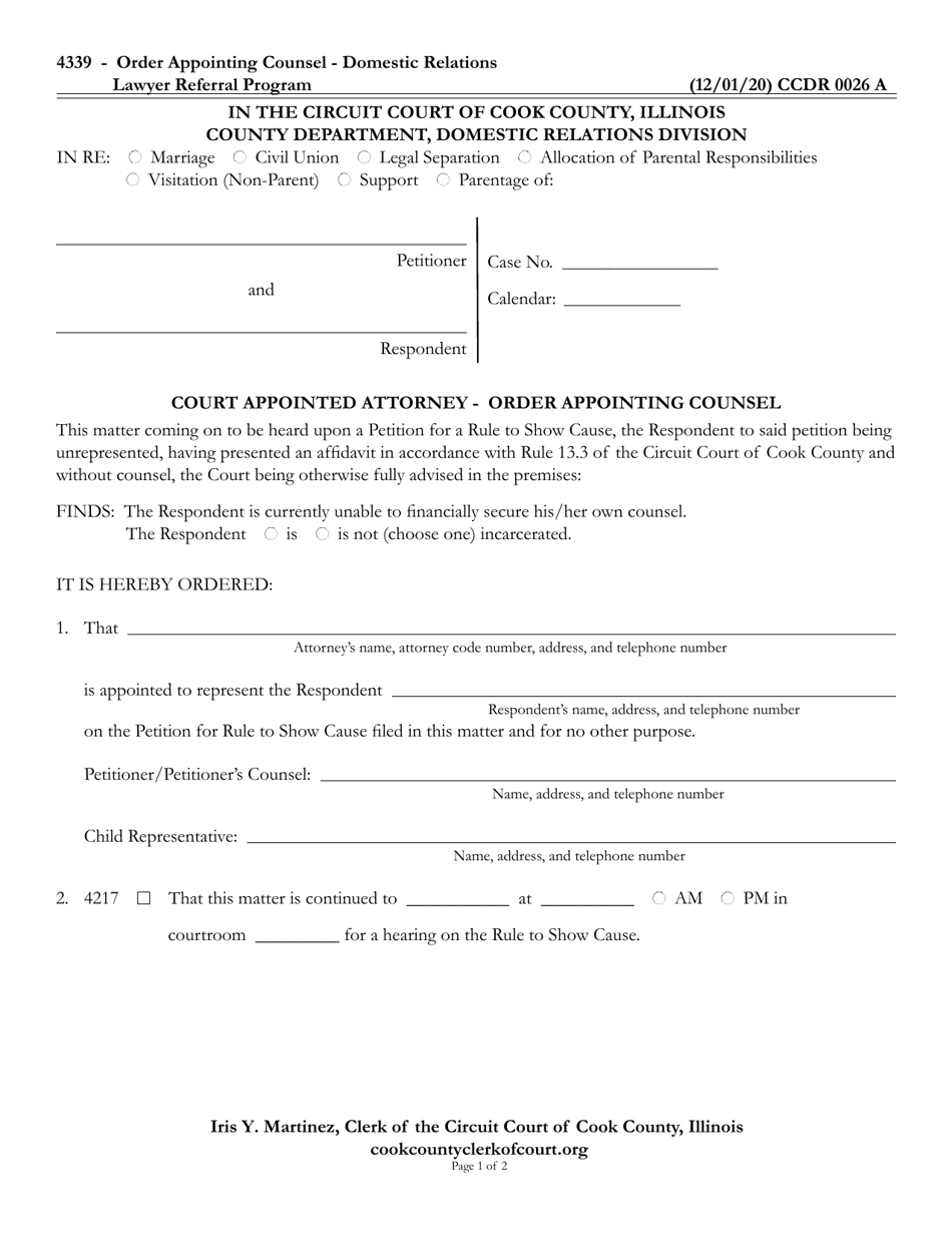 Form CCDR0026 Court Appointed Attorney - Order Appointing Counsel - Cook County, Illinois, Page 1