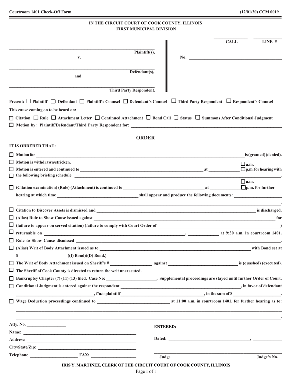 Form CCM0019 Courtroom 1401 Check-Off Form - Cook County, Illinois, Page 1