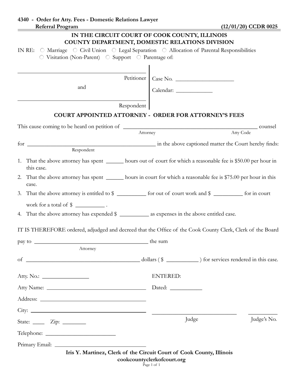 Form CCDR0025 Court Appointed Attorney - Order for Attorneys Fees - Cook County, Illinois, Page 1