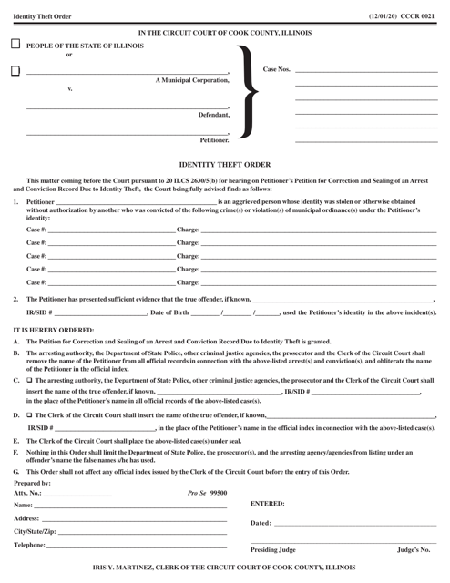 Form CCCR0021 Criminal Identity Theft Order - Cook County, Illinois