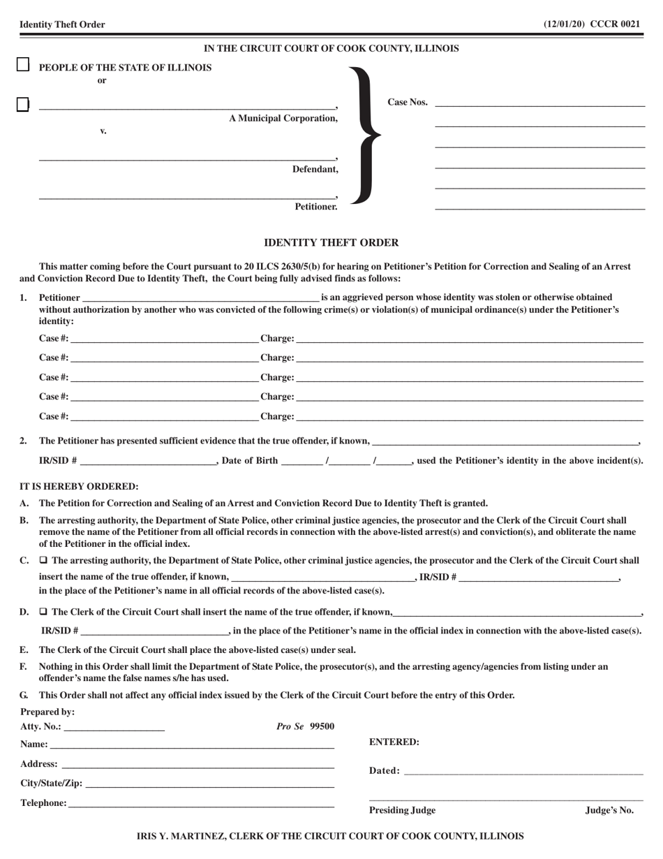 Form CCCR0021 Criminal Identity Theft Order - Cook County, Illinois, Page 1