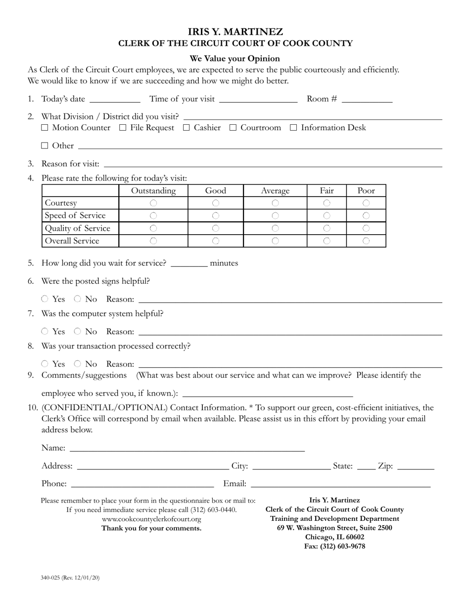 Form 340-025 Customer Service Questionaire - Cook County, Illinois, Page 1
