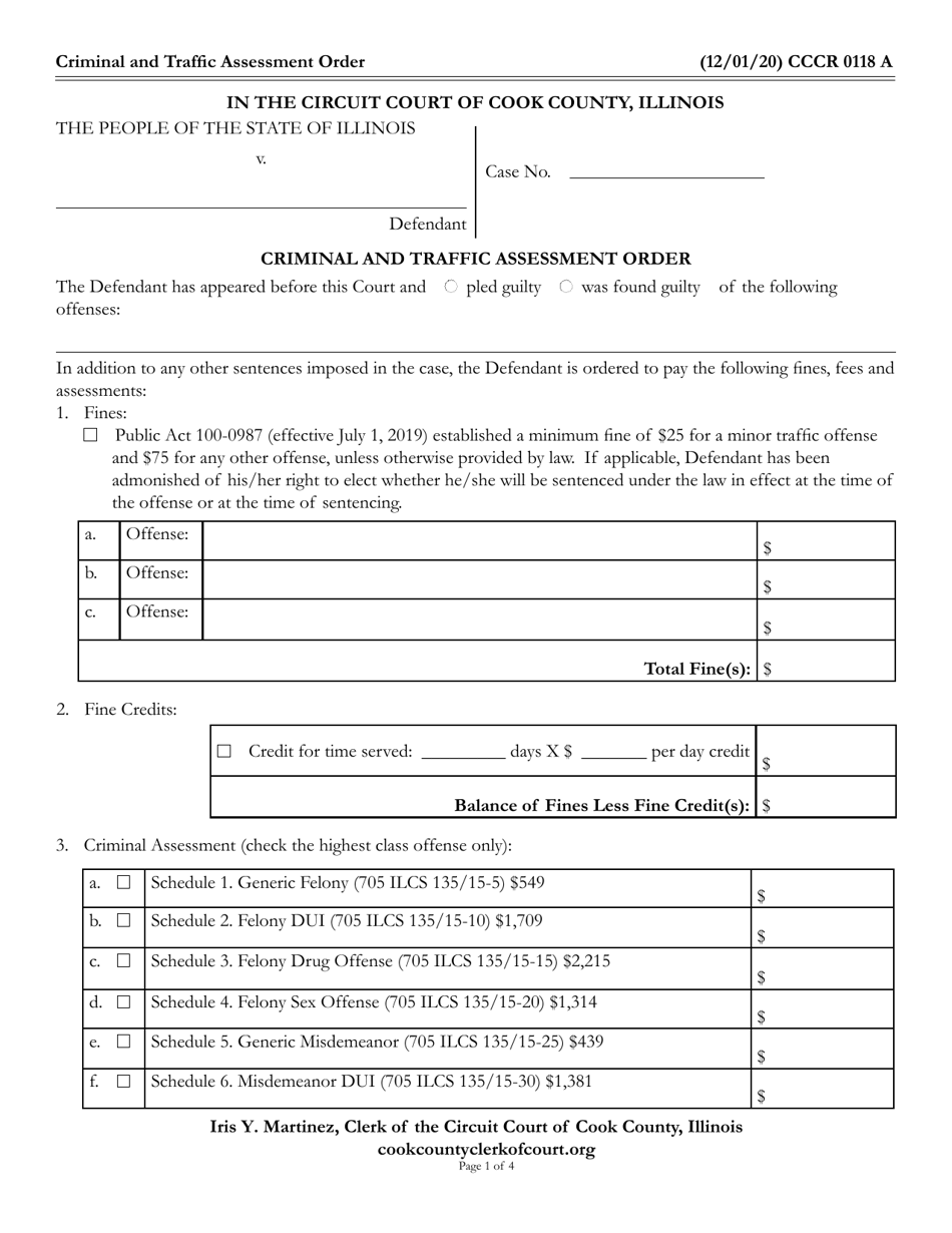 Form CCCR0118 Criminal and Traffic Assessment Order - Cook County, Illinois, Page 1