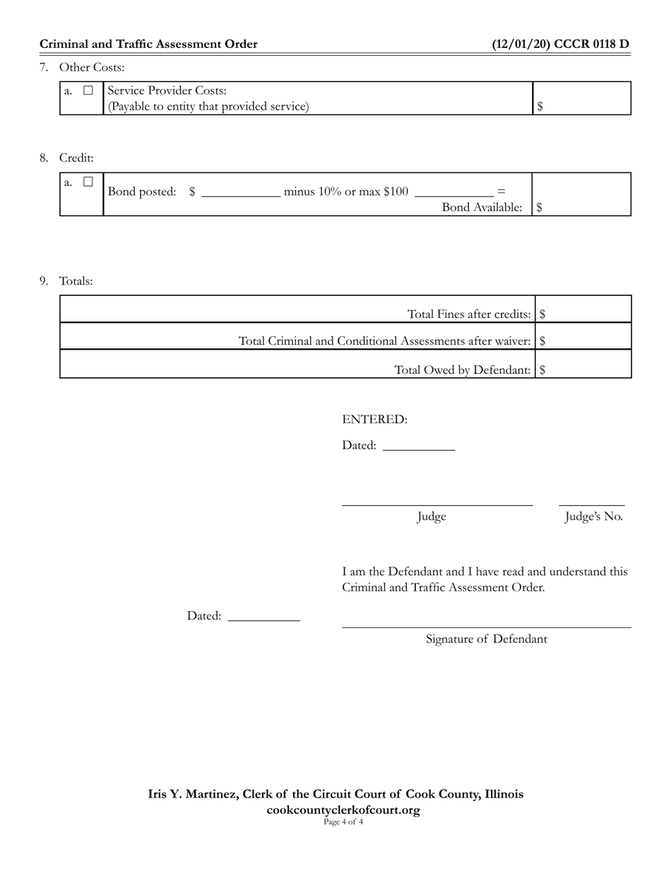 Form CCCR0118 Criminal and Traffic Assessment Order - Cook County, Illinois, Page 4