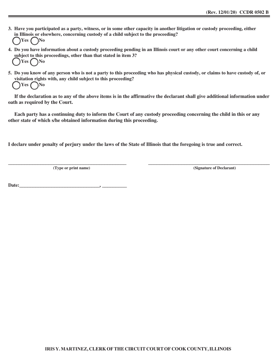 Form CCDR0502 Declaration Under Uniform Child Custody Jurisdiction and Enforcement Act (Uccjea) - Cook County, Illinois, Page 2