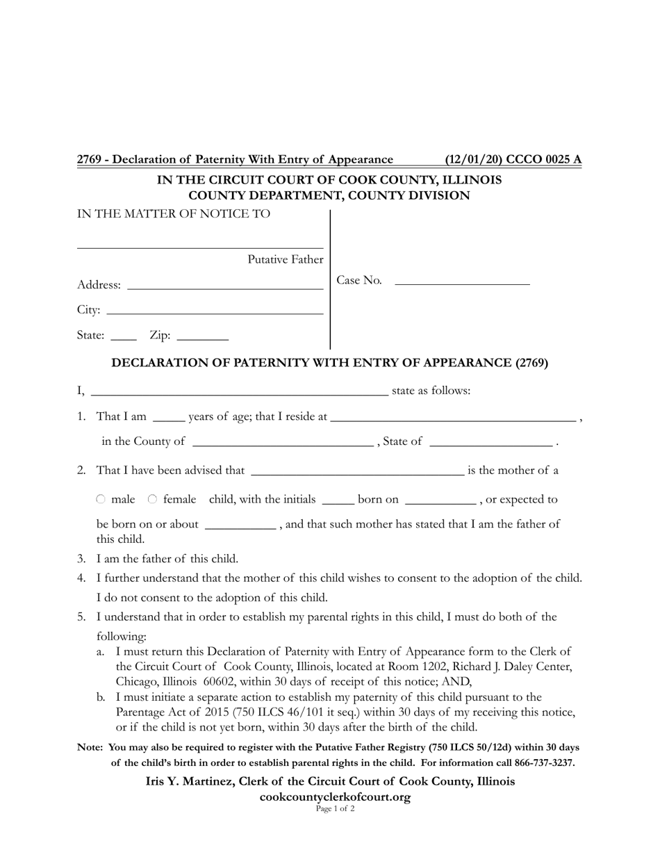 Form CCCO0025 Declaration of Paternity With Entry of Appearance - Cook County, Illinois, Page 1