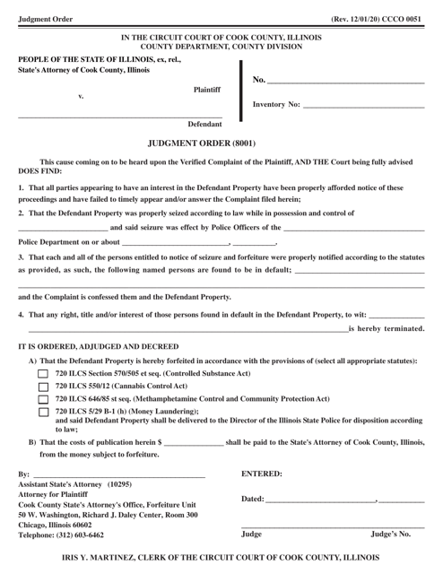 Form CCCO0051 Judgment Order - Cook County, Illinois