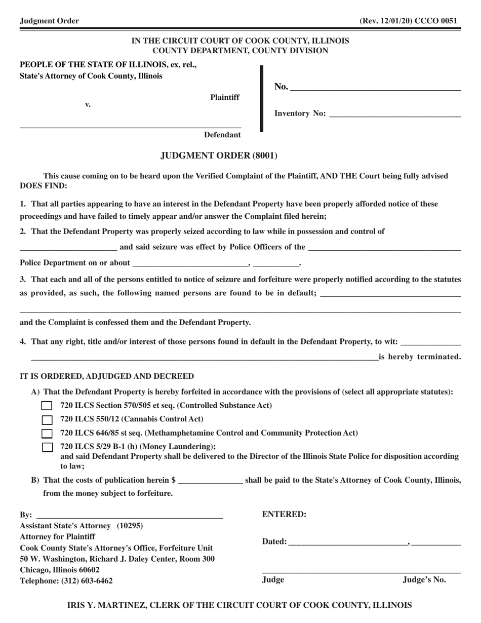 Form CCCO0051 Judgment Order - Cook County, Illinois, Page 1