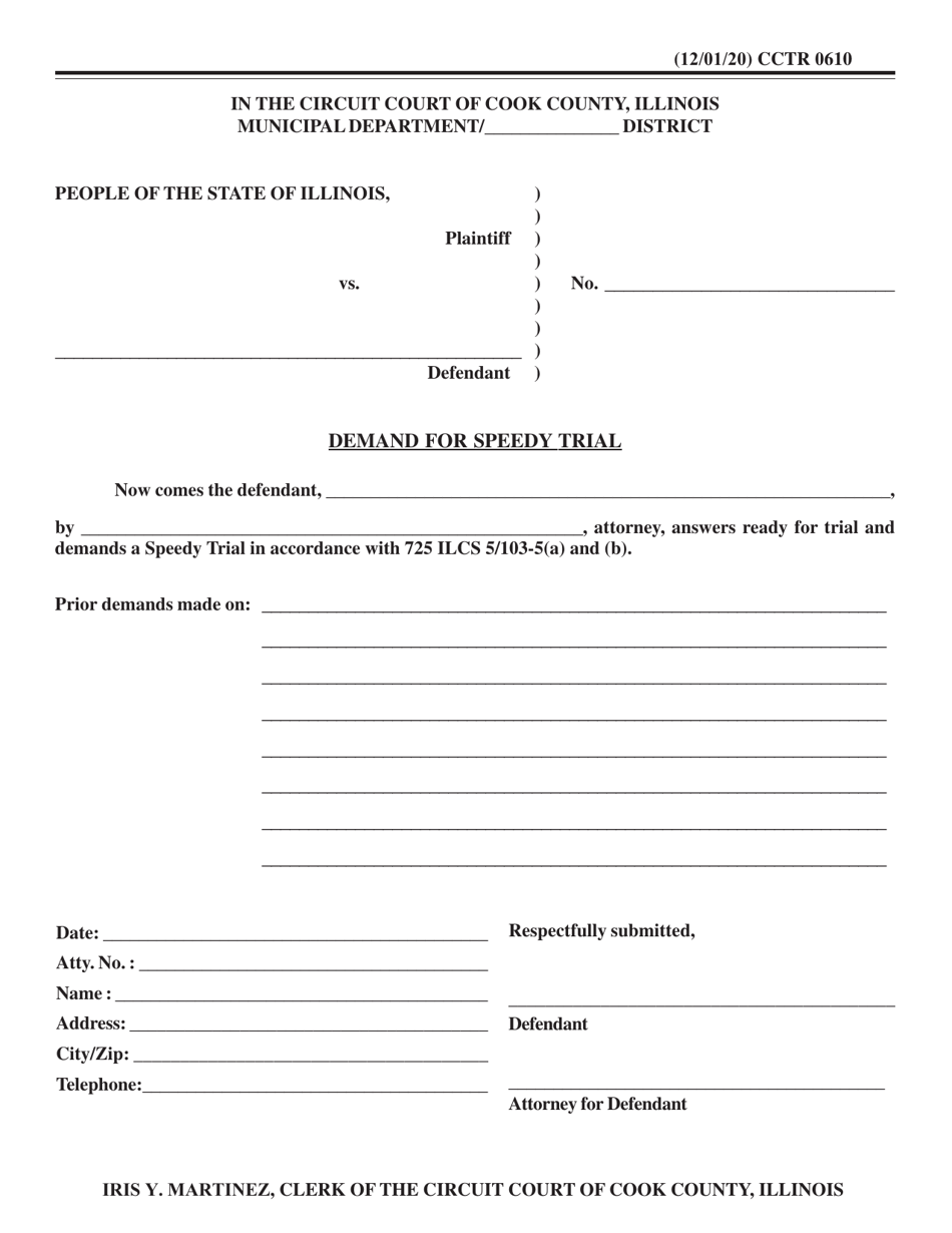 Form CCTR0610 Demand for Speedy Trial - Cook County, Illinois, Page 1