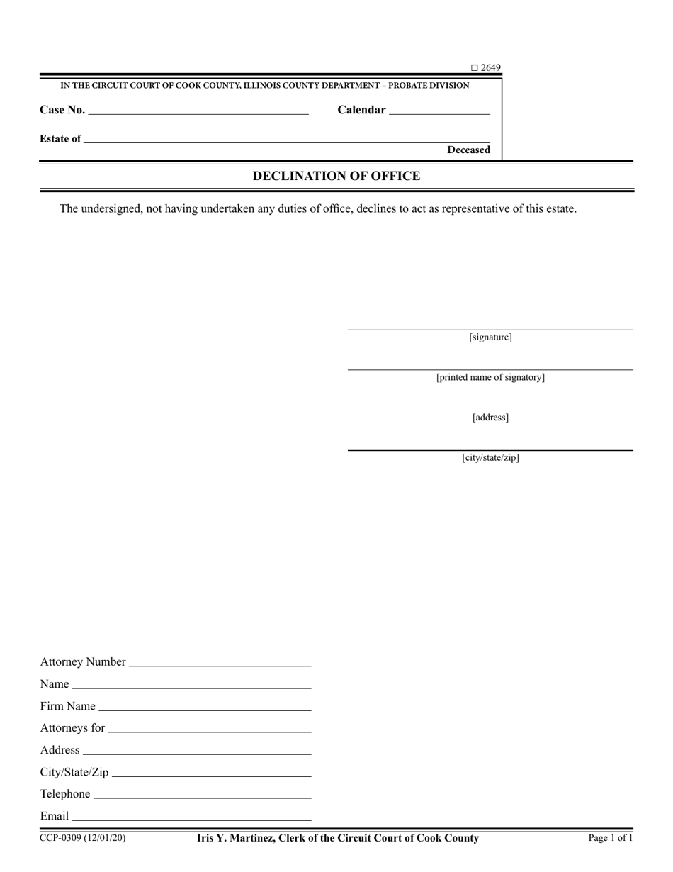 Form CCP0309 Declination of Office - Cook County, Illinois, Page 1