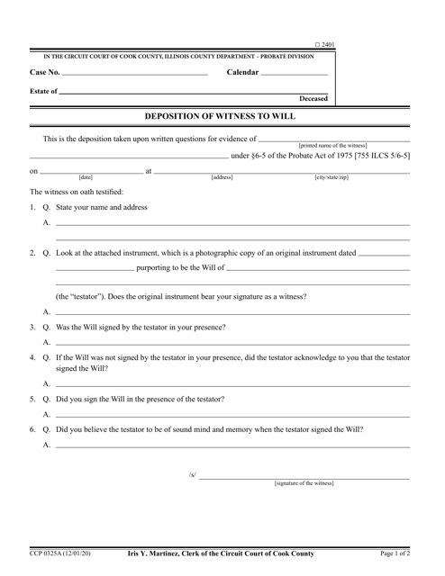Form CCP0325 Deposition of Witness to Will - Cook County, Illinois