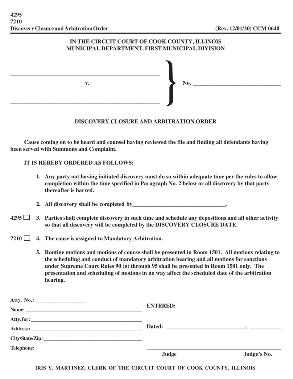 Form CCM0640 Discovery Closure and Arbitration Order - Cook County, Illinois, Page 1
