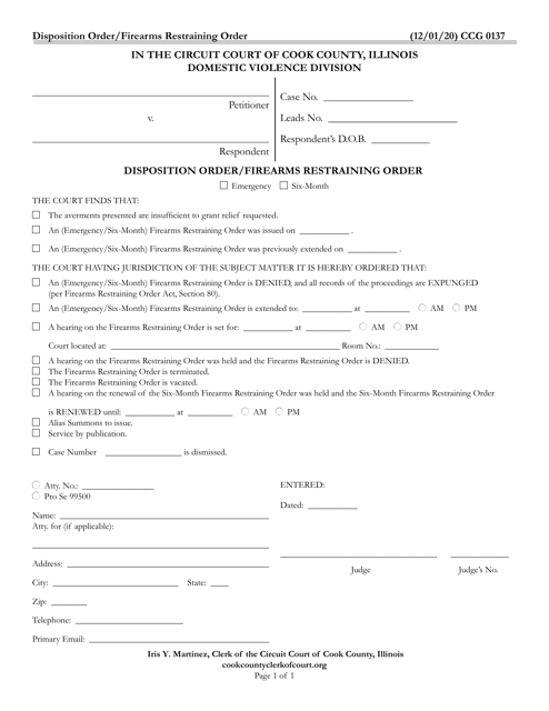 Form CCG0137 Disposition Order/Firearms Restraining Order - Cook County, Illinois