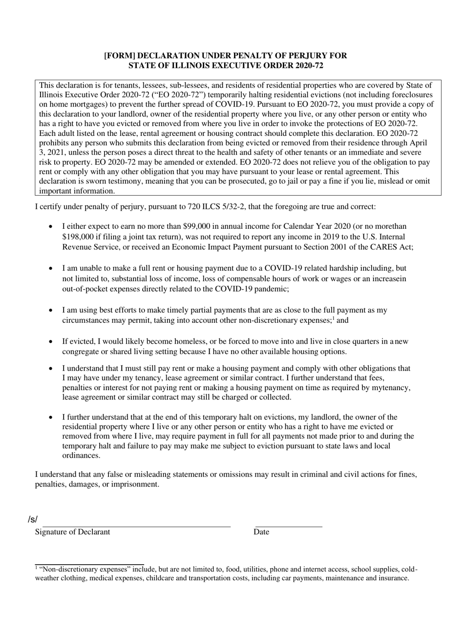 Form CCM0055 Declaration Under Penalty of Perjury for State of Illinois Executive Order 2020-72 - Cook County, Illinois, Page 2