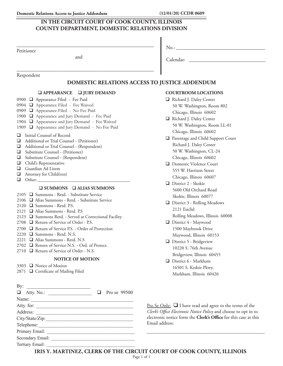 Form CCDR0609 Domestic Relations Access to Justice Addendum - Cook County, Illinois, Page 1