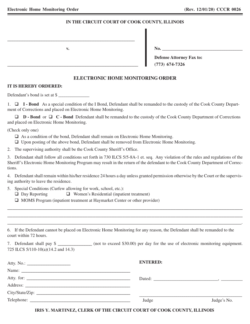 Form CCCR0026 Electronic Home Monitoring Order - Cook County, Illinois, Page 1
