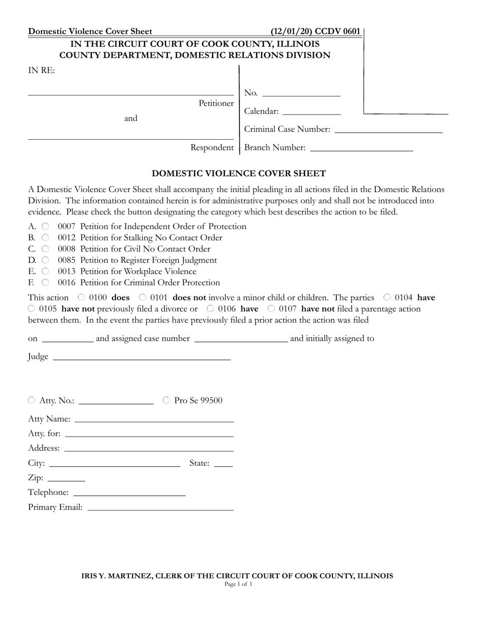 Form CCDV0601 Domestic Violence Cover Sheet - Cook County, Illinois, Page 1